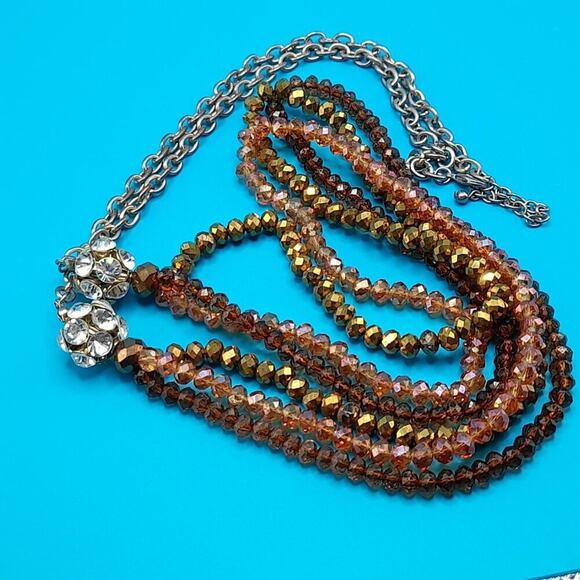 Long Crystal Necklace, Three Crystal Strands, Clear Rhinestone Beads, 37 Inches - Picture 9 of 10